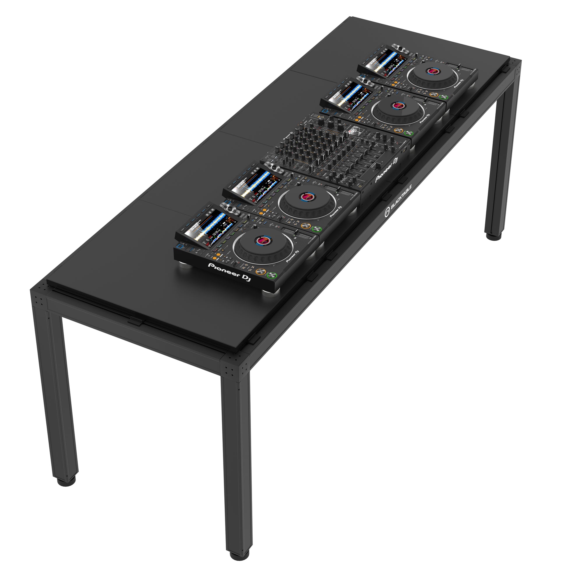 The Blacktable 240 DJ Table is a professional-grade table designed for DJs using complex setups. The surface measures 240 cm x 80 cm and features four players and a professional mixer. The table has a sturdy build and a weatherproof finish, making it suitable for outdoor performances.