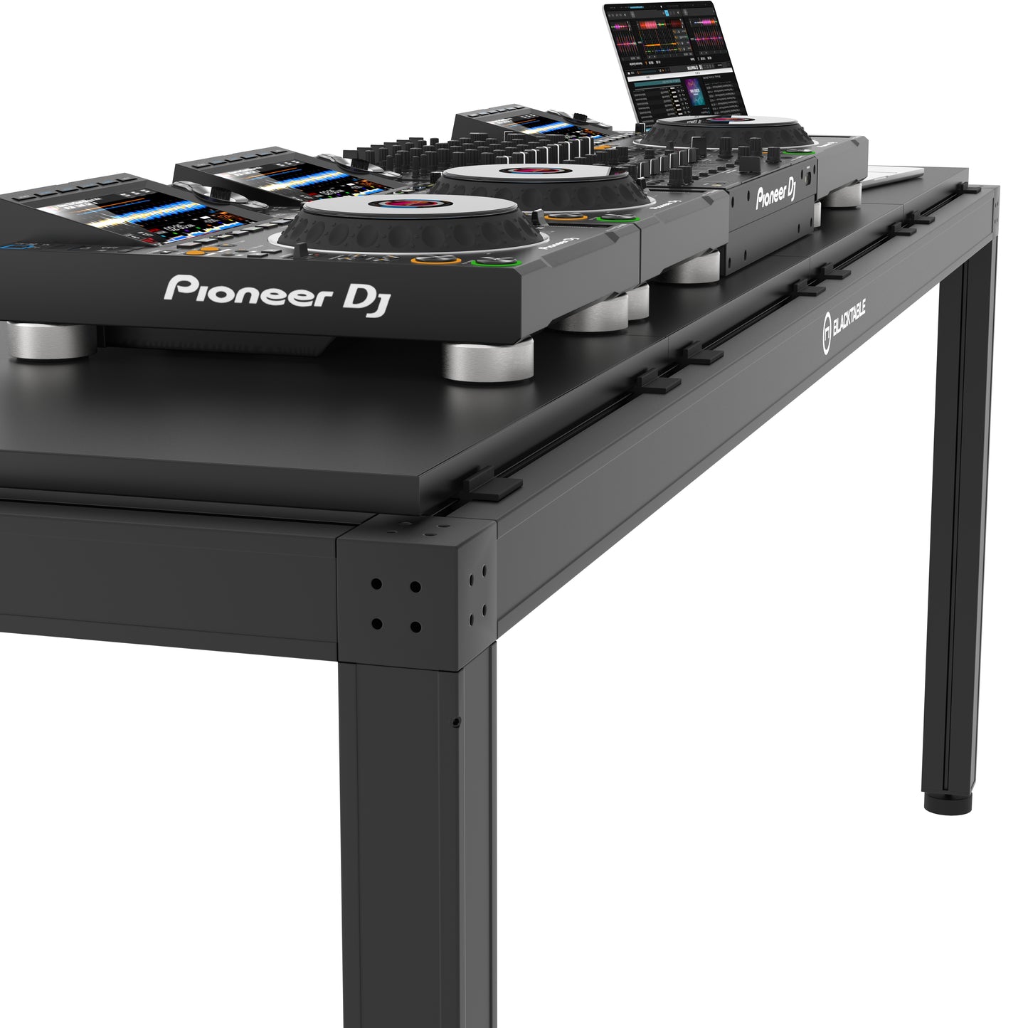 The Blacktable 240 DJ Table is a professional-grade table designed to last. Its connectors are made of solid aluminum and are attached with only one hexagonal screw, making it easy to connect and rebuild. The table has a streamlined design with no visible screws or connections and is built to be durable and long-lasting.